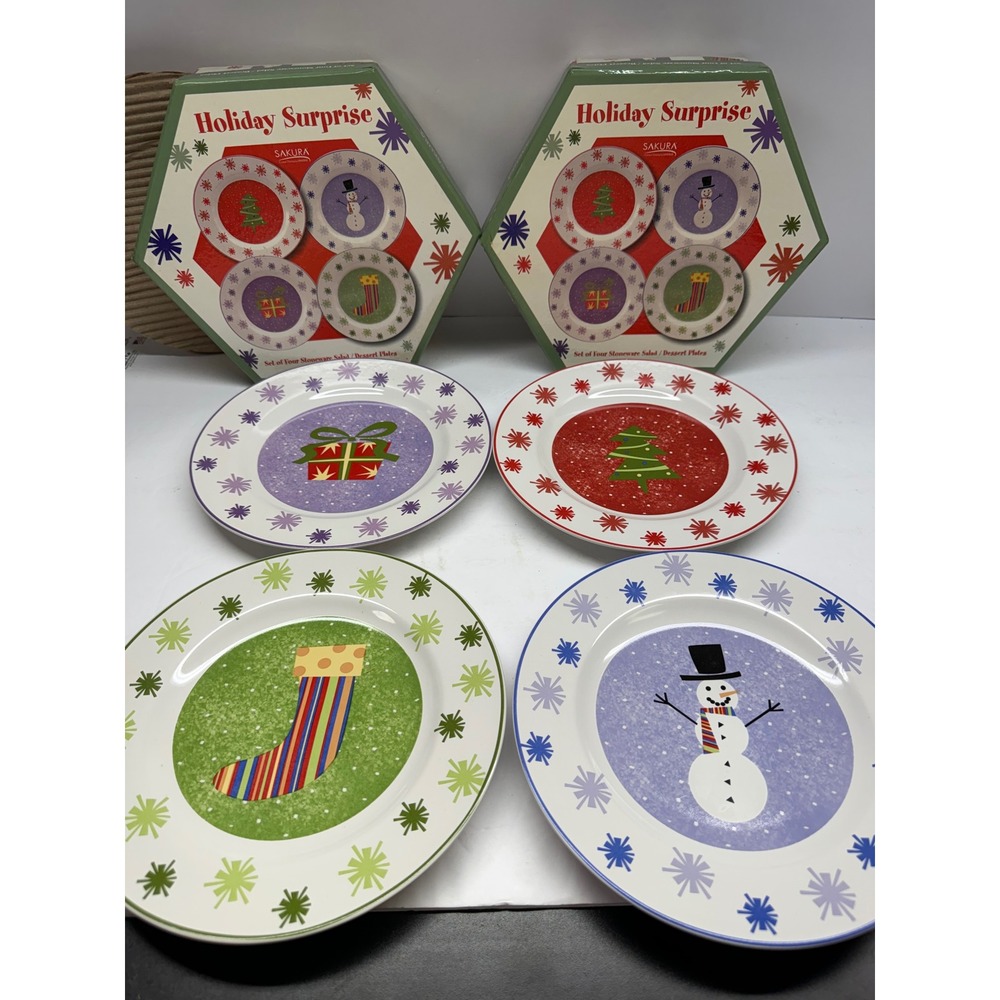 Sakura Holiday Surprise Stoneware Salad Dessert Plates Set of 8 Oneida Christmas